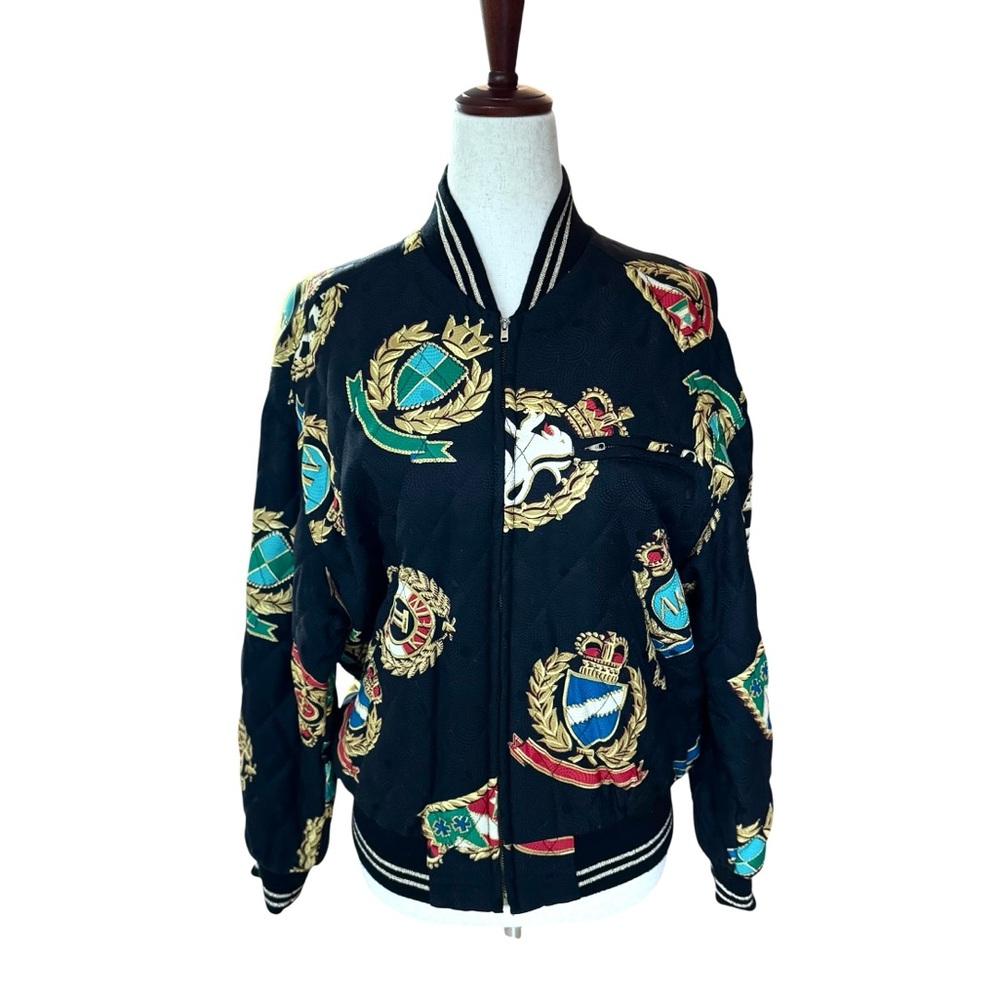 Vintage 80s 90s Anne Klein Crest Motif Baroque Silk Quilted Bomber Jacket Small